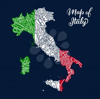 Italy map of regions and provinces names in sketch lettering. Vector Italian flag of Sicily peninsula, Sardinia island or Venice Piemonte, Lombardia or Genoa and Alto Adige, Trentino and Toscana