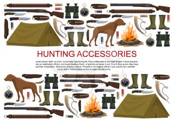 Hunting equipment and hunter accessories poster. Vector icons of hunt dog, camping tent or rifle gun and carbine with arbalest crossbow, compass and binoculars or hunting trap for wild animals