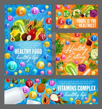 Vitamins and minerals pills for healthy food nutrition. Vector posters of multivitamins in fruits, vegetables, nuts and salad of avocado, papaya or orange and coconut with hazelnut and beans