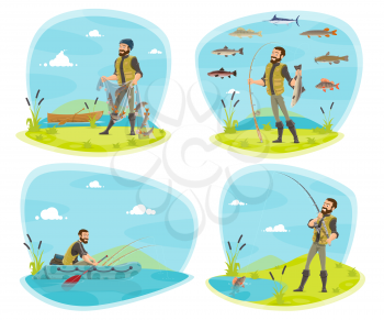 Fishing icon set with fisherman and fish. Fisherman fishing from boat and river bank with rod, net and spinning, marlin fish, pike and perch on hook cartoon design for fishing sport themes design
