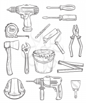 Tool sketch set of repair and construction instrument. Wrench, plier and hammer drill, spanner, screwdriver and paint, tape measure, axe and paint roller, spatula, helmet and hand drill equipment