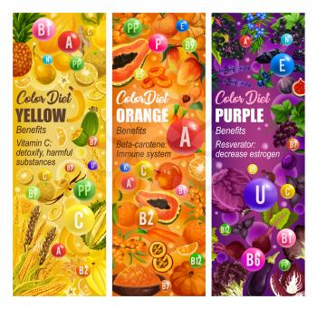 Color diet healthy and vitamin food benefits vector banners with orange, purple and yellow fruits, vegetables and spices, berries and cereals. Healthy nutrition, dieting and healthcare