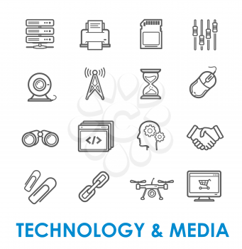 Computer technology and media vector icons of internet communication and connection. Thin line mouse, link, search and cloud server, download, printer and wireless antenna, coding and web camera signs