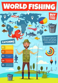 Fishing sport infographic. Fisherman with fishing equipments and tackle pie chart, fish catching graph and world map with vector hook, bait and bobber, tuna, marlin and perch, carp, flounder and trout