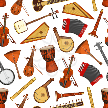 Music instruments seamless pattern background. Vector violin, djembe drum and banjo, balalaika, accordion and sitar, flute, zither, shamisen and bandura. Percussion, wind and string folk instruments