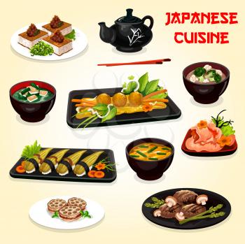 Japanese and asian cuisine vector dishes. Nigiri sushi, pork and octopus balls with baked vegetable, lotus root and meat, fried tofu and miso soups with eggs, seaweed, broccoli and cauliflower veggies