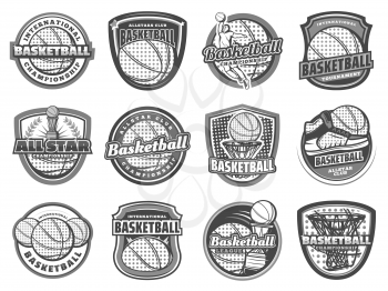 Basketball sport game team halftone icons. Vector ball, basket hoop and backboard, player, champion trophy cup and court, sneakers and winner wreath. Championship league tournament match symbols