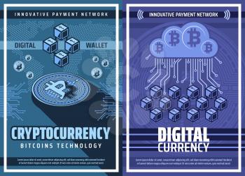 Cryptocurrency, bitcoin wallet blockchain, crypto currency or digital money technology vector poster. Bitcoin mining farm, virtual transactions of exchange and payment, cloud mining online business