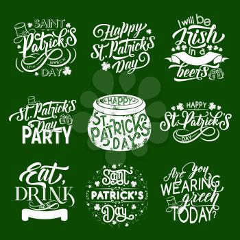 St Patrick Day Irish holiday celebration icons for greeting card design. Vector isolated symbols of Saint Patrick day shamrock clover leaf, beer pints and leprechaun hat and pot on green background