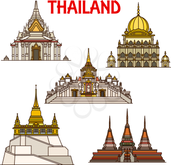 Thai travel landmarks of Bangkok buildings vector icons. Lak mueang or City Pillar Shrine, Sikh Temple, Buddhist temples Wat Pho with Reclining Buddha, Wat Saket or Golden Mount and Wat Traimit