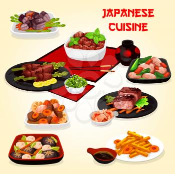 Japanese cuisine meat dishes with vegetables and meat. Vector chicken dumplings soup, fried chicken with veggies, stewed pork, beef roll with asparagus, fried potato with curry and meatballs