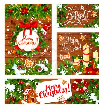Merry Christmas greeting card and banner design for winter holiday wishes. Vector Santa gifts and Christmas tree lights garland decoration of golden bell, New Year cookie and candle on ribbon bow