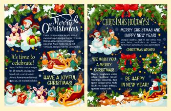 Christmas gift and Santa reindeer sleigh festive poster. Snowman with Xmas tree, present and snowflake, Christmas wreath with holly, ribbon and ball, candy, cookie and star for winter holiday design
