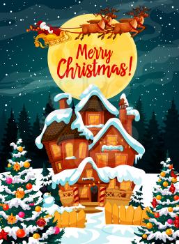 Santa Claus on poster with Merry Christmas wish. Harness with deers flying over house in snow among decorated Xmas trees. Snowman and wooden fence, full moon in night sky above forest vector