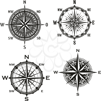 Rose of Winds symbol of nautical navigation compass, marine and seafarer theme. Vector icons of ship sail navigator with direction arrow pointers to East, West or North and South