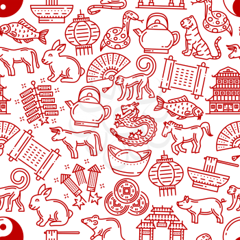 Chinese horoscope pattern background. Vector seamless line design of China zodiac signs and traditional celebration items of Chinese New Year. Dragon fireworks, coins or noodles and temple lanterns