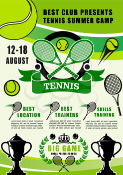 Tennis summer camp, training sport club or school. Vector green tennis ball and racket, league or team open championship or tournament. Tennis sport