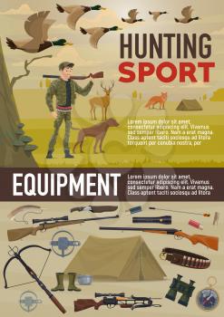 Hunting sport equipment and hunter ammunition. Vector hunter man with rifle gun and crossbow, bullets and bandolier, hunting dog, navigation compass and camp tent, wild deer, fox and ducks