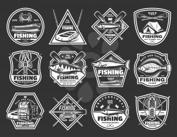 Fishing icons of fisher camp and fish sport catch. Vector isolated fisherman adventure badges of hook, rod and boat paddles, flounder and perch, salmon or marlin and sea bass fish