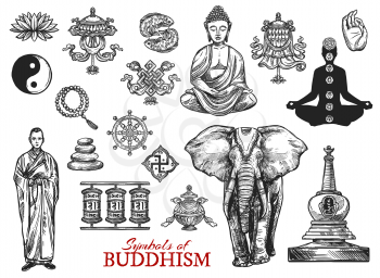 Buddhism religious sketch symbols. Vector Buddha monk mudra in Zen meditation, Yin Yang fish sign or sacred elephant and lotus with stupa shrine and swastika or prayer wheels of Buddhist worship