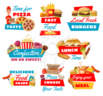 Fast food vector symbols with pizza, cheeseburger and hamburger, popcorn and soda drinks, ice cream and cake, doughnut and popcorn, hot dog and french fries, doner and sandwich, barbecue and coffee