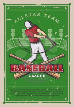 Baseball player with bat, retro poster. Sport league championship or tournament cup. Vector vintage design of baseball ball and bat on green field of baseball stadium