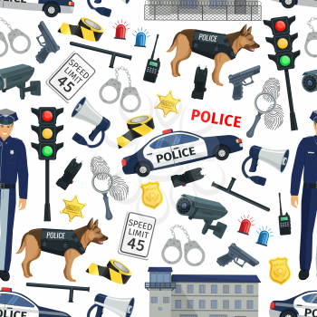 Police and law pattern background. Law and crime seamless policeman, traffic lights or car siren alarm and gun, handcuffs, jail and criminal investigation items
