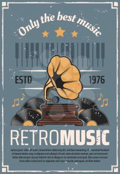 Retro music vintage vinyl record gramophone or phonograph with piano notes. Vector retro radio station or live jazz and swing music party