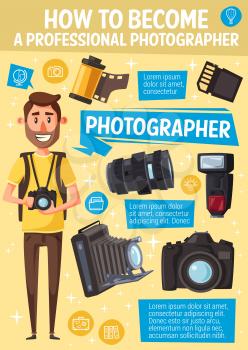 Photographer and professional photography equipment. Vector cartoon cameraman or journalist man with camera, SD storage memory card, optic lens and photo films or camera flash