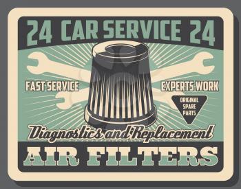 Car service of air filters replacement and vehicle diagnostics. Vector vintage design poster of auto mechanic restoration and garage station or transport spare parts shop