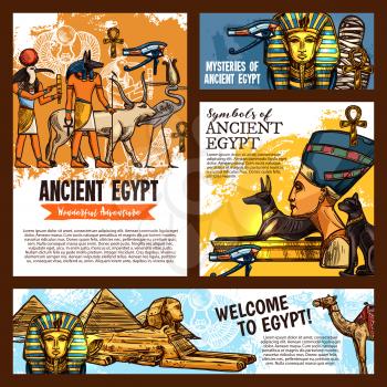 Welcome to Egypt, ancient Egyptian culture landmarks tours and historic adventure travel. Vector sketch Pharaoh mummy, Sphinx or Nefertiti and Cheops or Tutankhamen pyramids in Cairo