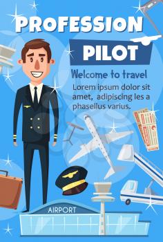Civil aviation pilot and passenger air transportation. Vector professional pilot crew and airport staff resume or recruitment agency poster of airplane or private jet flight attendant