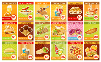 Fast food price tag cards. Hot Mexican dishes and cinema food, tasty sauces and sweet desserts, fresh drinks and hot meat. Italian pizza and hotdog, burger and fries, tacos and burritos vector.