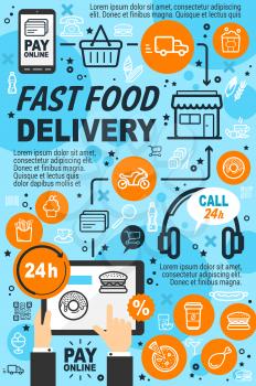 Delivery service fast food icons line art poster. Internet app to order ready meals, outline signs and modern gadgets flat vector. Pay online, buy pizza and hamburger, coffee and sweets, ice cream