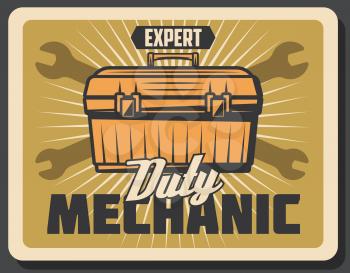 Car repairing and mechanic service retro poster with tool kit. Professional expert help to fix vehicle. Auto parts replacement and renovation advertisement vintage vector car maintenance industry card
