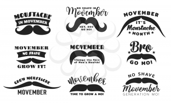 Movember mustache season monochrome lettering vector. Male facial hair styling with curled end, movember prostate cancer awareness month