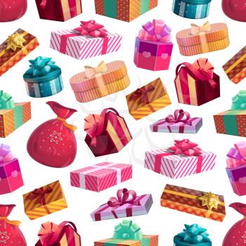 Christmas gifts seamless pattern background with present boxes, Santa Claus bags and sack, decorated with ribbons, bows, hearts and stars. Xmas and New Year winter holidays, birthday vector theme
