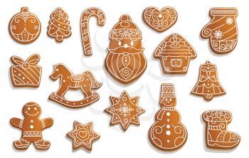 Christmas gingerbread cookies, winter holiday food. Vector Xmas tree and ball, cane and Santa, heart and house, mitten and gift box. Horse and snowflake, snowman and boot, jingle bell and star
