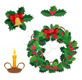 Christmas wreath, holly berry and Xmas decorations. Vector jingle bell with bow and candle, winter holiday celebration. New Year and festive objects, traditional adornments or house decor isolated