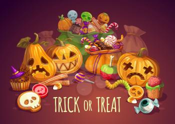 Halloween holiday, pumpkin and sweets, trick or treat. Vector jack lantern and jelly worm, skull and cane, bat and eyeball. Witch hat on cupcake and spider, brain and lollipop, spooky candies