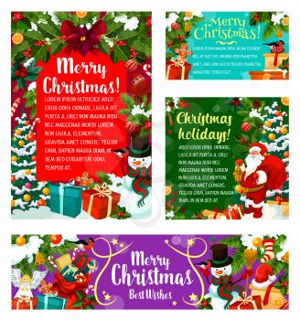 Merry Christmas greeting cards of Xmas party invitations. Tree decoration ornaments and Santa gifts on holly wreath in snow for New Year season. Vector winter holiday posters and banners