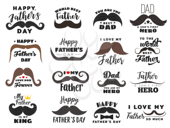 Fathers day vector holiday icons. Hipster mustache with lettering and font, heart or crown. Male family member or parent congratulation, fatherhood celebration, daddy greetings