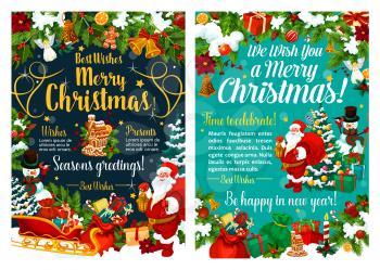 Merry Christmas season greeting card, Xmas holiday celebration posters. New Year decorations and Santa with gift bag or snowman at Christmas tree. Vector angel, golden star and bell