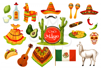 Cinco de Mayo festival icon set of mexican holiday fiesta party symbol. Sombrero hat, maracas, chili and jalapeno pepper, tequila margarita, pinata and Mexico flag, guitar, skull and festive food