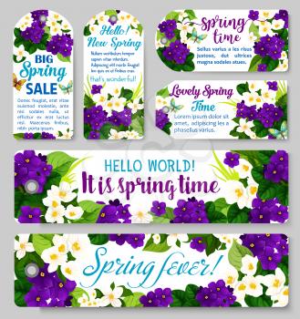 Spring sale tag with flower frame for Springtime season themes design. Blooming flower of white jasmine and purple violet festive label template, adorned by butterfly and floral bouquet