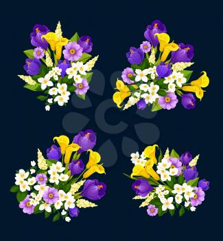 Flower bouquet icon for floral greeting card design. Blooming flower of crocus, calla lily and jasmine with green leaf and flourish herb for Spring Holiday, Mother Day or wedding invitation template