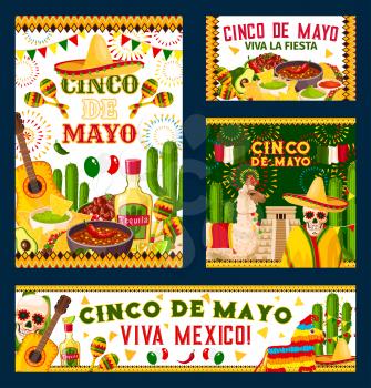 Cinco de Mayo holiday poster for mexican fiesta party design. Festive food, pepper, sombrero and skull, maracas, tequila and cactus, Mexico flag, guitar and pinata, aztec pyramid and firework banner