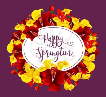 Happy Springtime greeting card of blooming spring flowers bouquet. Vector springtime wishes and floral bunch for spring seasonal holidays of hibiscus rose flowers and tulip or callas blossoms