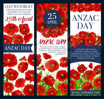 Anzac Day Lest We Forget festive banner design with poppy. Red flower field with poppy blossom, floral bud and green grass greeting card for Remembrance Day of Australian and New Zealand Army Corps