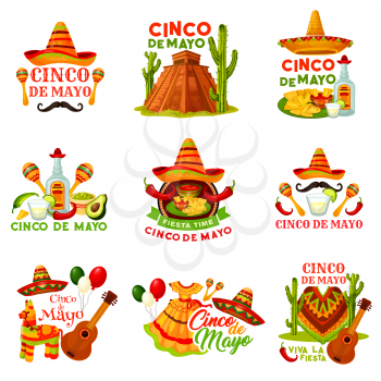 Cinco de Mayo fiesta party icon of mexican holiday. Festival sombrero hat, chili pepper and jalapeno, maracas, guitar and tequila, cactus, avocado guacamole and nachos, pinata and festival costume